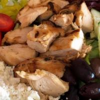 Greek Salad · Romaine lettuce, tomato, cucumbers, beets, red onion, mild peppers, kalamata olives, feta ch...