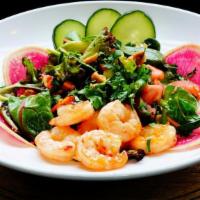 Thai Shrimp Salad · Grilled sweet Thai chili shrimp, pickled carrot, tomato, watermelon radish, mint, cucumber, ...