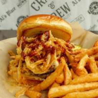 Drunkin' Smashed · bleu cheese crumbles between two 1/4 lb patties, beer cheese, crispy onions, bourbon bbq