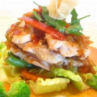 Grilled Chicken Breasts · Served with choice of mixed vegetable stir fry or pork fried rice.