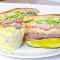 The Club (Triple Decker) · Ham, turkey, bacon, lettuce, tomato, mayo, Swiss cheese on toasted white bread.