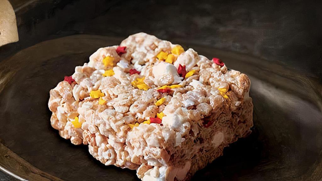 Birthday Cake Marshmallow Treat. · Birthday cake flavored marshmallow and crispy rice cereal bar, topped with colorful sprinkles.