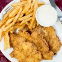 Chicken  Fingers · Fresh Hand cut chicken breast dredged in our batter, fried perfectly, served with fries or t...