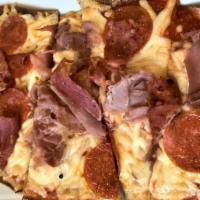 Italian Meats Pizza · Pepperoni, salami, Italian sausage, capicola, hot cherry pepper, red sauce, and mozzarella.