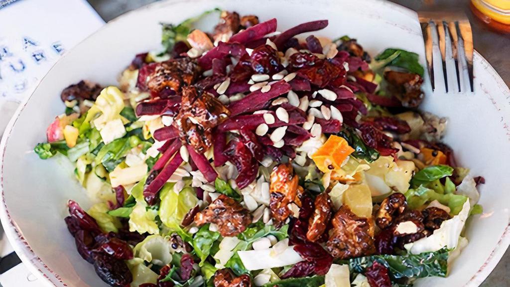 Agra Harvest · organic romaine, kale & napa cabbage, quinoa, roasted beets, roasted squash, roasted cauliflower, organic apple, smoked gouda cheese, red beets, dried cranberries, sunflower seeds, candied walnuts, topped with agra vinaigrette