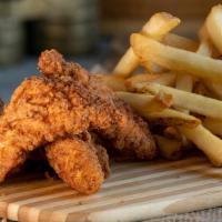 Chicken Tenders With Fries · Three crispy chicken tenders served with a side of French fries