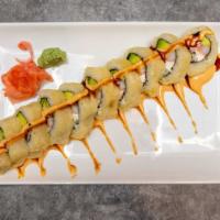 Vegas Roll · Raw fish. Salmon, crab, avocado, and cream cheese, tempura dipped, topped with spicy mayo an...