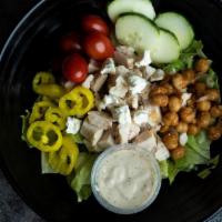 Ce Chopped Salad · Chicken, romaine, goat cheese crumbles, cherry tomatoes, cucumber, banana peppers and roaste...