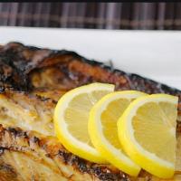 Chub Mackerel · Whole bone-in silver belly chub mackerel salted and seared. Served with sliced lemon and tru...