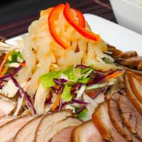 Jok Bal Naeng Chae · Thinly sliced hog hack accompanied with jellyfish salad tossed in hot mustard dressing.
