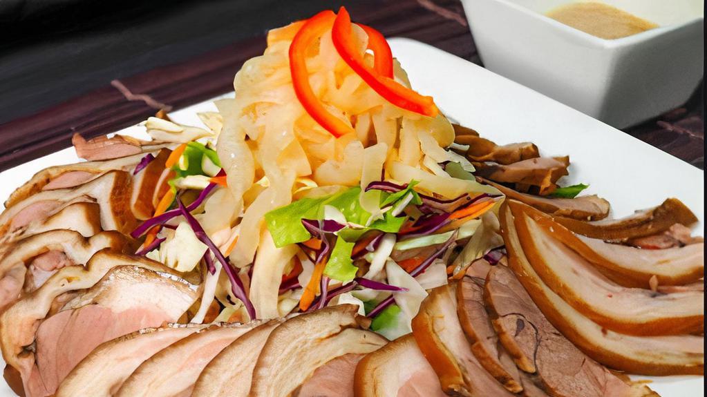 Jok Bal Naeng Chae · Thinly sliced hog hack accompanied with jellyfish salad tossed in hot mustard dressing.