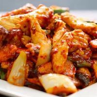 Dak Bokkeum · White chicken breast, zucchini, carrots, onion, and mushrooms, sauteed in red chili sauce.
