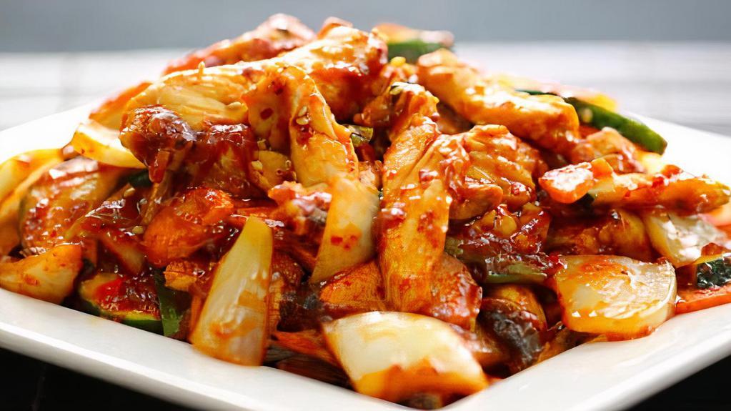 Dak Bokkeum · White chicken breast, zucchini, carrots, onion, and mushrooms, sauteed in red chili sauce.
