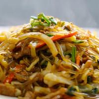 Japchae · Vermicelli noodles stir fried with pork, Napa cabbage, scallions, onions, carrots, mushrooms...
