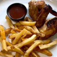 Kids Quarter Smoked Chicken · Served with Seasoned Fries and Cornbread
