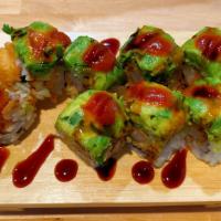 Bears Roll · Shrimp tempura inside top with avocado, jalapeño, cilantro, eel sauce, and sriracha sauce.