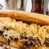 The Cheesehead Philly · Sliced Philly steak, beer cheese sauce and kraut on hoagie roll.