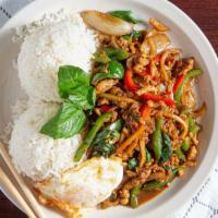 Phad Grapow  Dinner · Your choice of meat stir-fried with basil, bamboo, and bell peppers, served with jasmine ric...