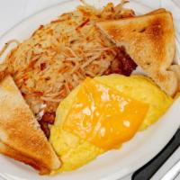 Cheese Omelet With Meat · Cheese Omelet with your Choice of meat (Bacon, Sausage or Ham) Served with your Choice of Po...