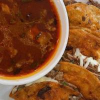 Quesabirria  · (4)  Homemade Red Birria Quesadillas (Choice of Tortilla), Stuffed with Melted Mozzarella Ch...