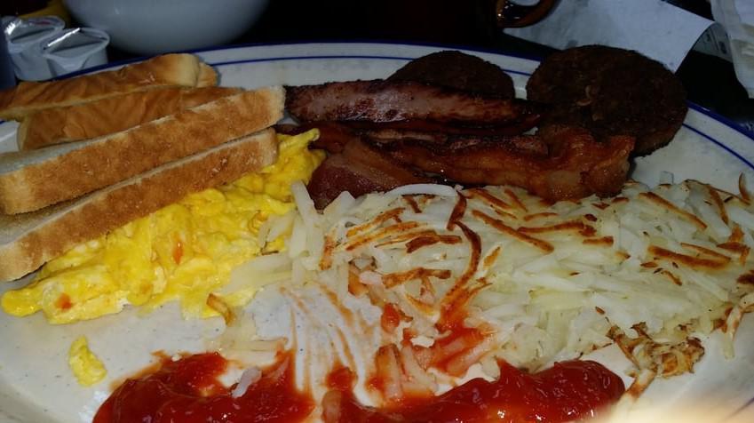Mom'S Deluxe · Two eggs any style, two ham strips, two bacon strips, two sausage patties and hash browns.

Consumption of raw or undercooked eggs, meat, poultry. seafood or shellfish may increase your risk of food born illness, especially if you have a medical condition.
