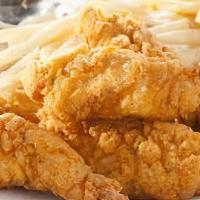 Chick Strip Dinner  · with fries  or mashed and gravy bread  and a drink
