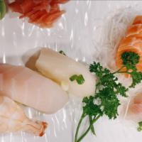 Sushi & Sashimi Lunch · Sushi (three pieces) and sashimi (six pieces), and California (one piece). This item may con...