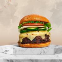 Give Me A Peno Burger · American beef patty topped with melted cheese, jalapenos, lettuce, tomato, onion, and pickle...