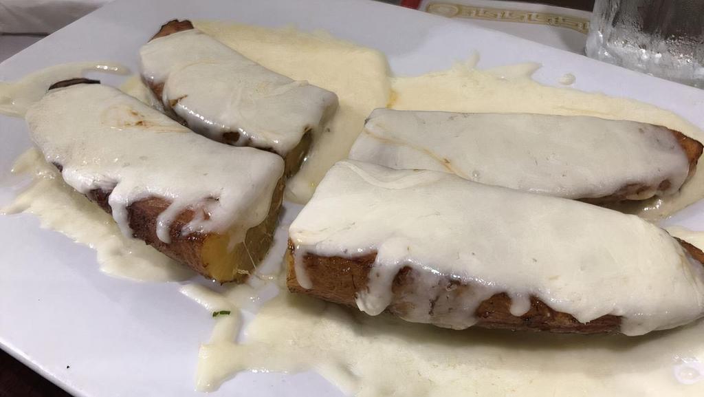 Maduro Con Queso · Fried sweet plantain with melted mozzarella cheese.