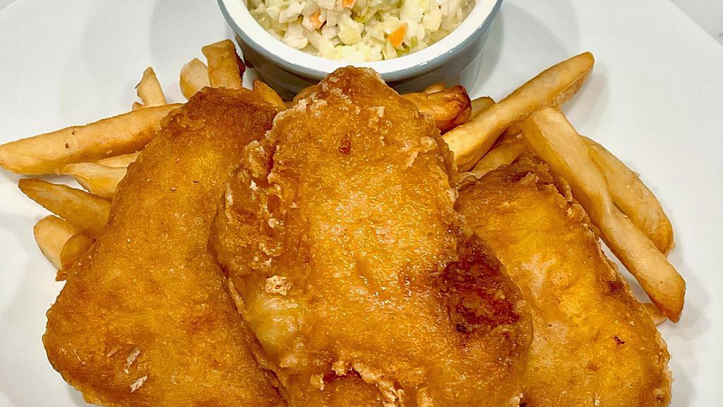 Fish 'N' Chips · Beer battered cod, house-made tartar sauce, seasoned fries, with a side of our house coleslaw.
