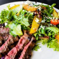 Skirt Steak Salad · marinated skirt steak, red mesclun mix, roasted gold potatoes, grilled asparagus, green bean...