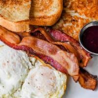 American Breakfast. · eggs, hashbrowns, choice of breakfast meat, toast
