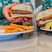 Kids Burger · served with fruit, fries, and goldfish [add cheese .50]