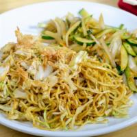 Yakisoba/Chicken · Japanese sautéed noodles with chicken and mixed vegetables in a special sauce and sprinkled ...