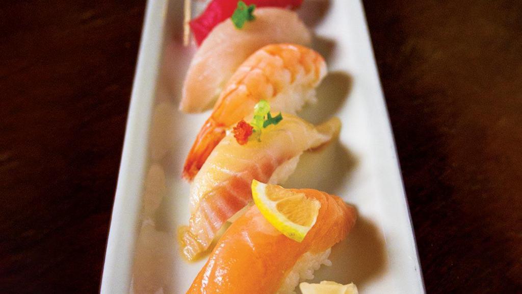 Sushi Sampler · Tuna, salmon, snapper, yellowtail, and shrimp nigari.