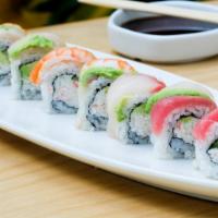 Rainbow Roll · Tuna, shrimp, yellowtail, snapper, salmon, Krab, avocado and cucumber.