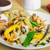 Seafood Diablo · Sea scallops, calamari, shrimp, assorted vegetables, and Japanese udon noodles grilled in a ...