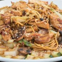 Yakisoba/Shrimp · Japanese sautéed noodles with steak and mixed vegetables in a special sauce and sprinkled wi...