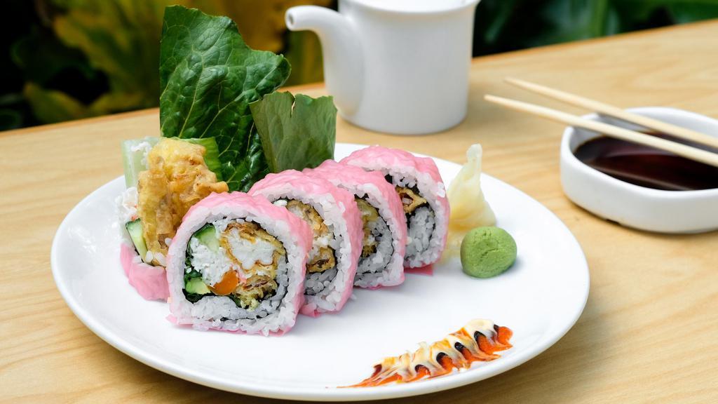 Spider Roll · Soft shell crab, crab (contains imitation crab) green leaf, cucumber, avocado, soybean paper, yamagobo.