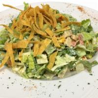 Southwest  Chicken Salad · Crisp romaine, chicken, tomatoes, green onions, red peppers and jack and cheddar cheese all ...