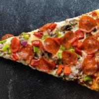 Factory Special Slice  · Sausage, pepperoni, green pepper, roasted red pepper, onion, and mushroom.