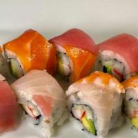 Rainbow · A colorful roll with Kanikama (Imitation crab), avocado, and cucumber, topped with tuna ,sal...