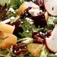 Roasted Beet Salad · Mixed greens, spiced pecans, roasted red and gold beets, Humboldt Fog goat cheese, radishes,...