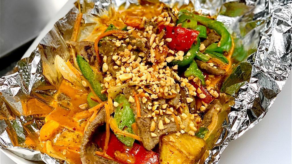 Masaman (Red Curry) · Gluten-free. Vegan optional*. Mildly spiced. Potato, white onion, carrot, red and green pepper. Topped with crushed peanuts. Side of white rice.