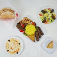 Kabob Combo · Chicken, Grilled Ground Beef with Spices, Lamb Kabob, Rice, Hummus