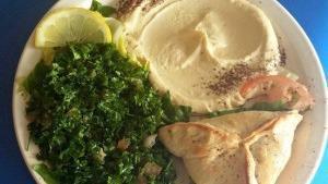 Spinach Pie Plate · Spinach pie, hummus and tabouli salad served with fresh pita.