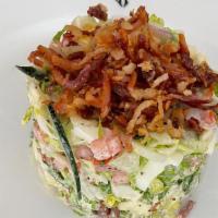 Double Chop Salad · Crispy pancetta, hard egg, julienned English cucumber, tomato, red onion, celery, buttermilk...