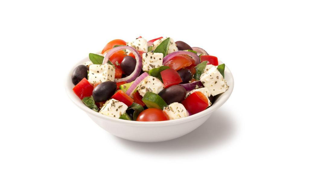 Greek Salad · Fresh, organic, mixed field greens with tomatoes, onions, cucumbers, olives, tangy feta cheese with oil and vinegar.