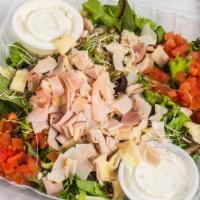 Chef Salad · Romaine, ham, turkey, pepper jack cheese, tomatoes, olives, sunflower seeds, sprouts and red...