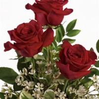 Compact Trio Roses (3 Roses) · with Color in clear bud ase with greenery, filler flower & bow to match.